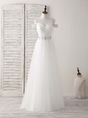 Bridesmaids Dress Inspiration, White Off Shoulder Tulle Beads Long Prom Dress White Evening Dress