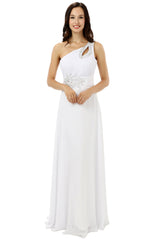 Prom Dresses V Neck, White One Shoulder Chiffon Pleats Beading Bridesmaid Dresses