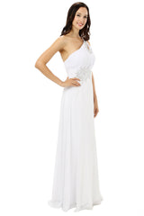 Prom Dress Stores Near Me, White One Shoulder Chiffon Pleats Beading Bridesmaid Dresses