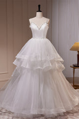 Wedding Dress Dresses, White Pearl Beaded Double Straps Ruffle-Layers Long Wedding Dress