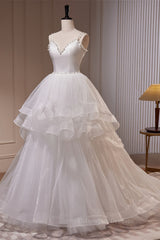 Wedding Dresses Dresses, White Pearl Beaded Double Straps Ruffle-Layers Long Wedding Dress