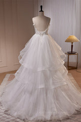 Wedding Dress Deals, White Pearl Beaded Double Straps Ruffle-Layers Long Wedding Dress