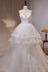 Wedding Dresses Bridesmaid, White Pearl Beaded Double Straps Ruffle-Layers Long Wedding Dress
