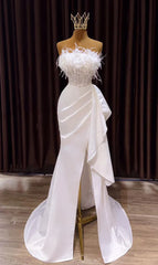 Vestido de fiesta blanco, sirena vintage larga hendidura vestidos de novia blancos