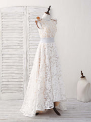 Bridesmaid Dresses Mismatch, White Round Neck Lace High Low Prom Dress White Bridesmaid Dress