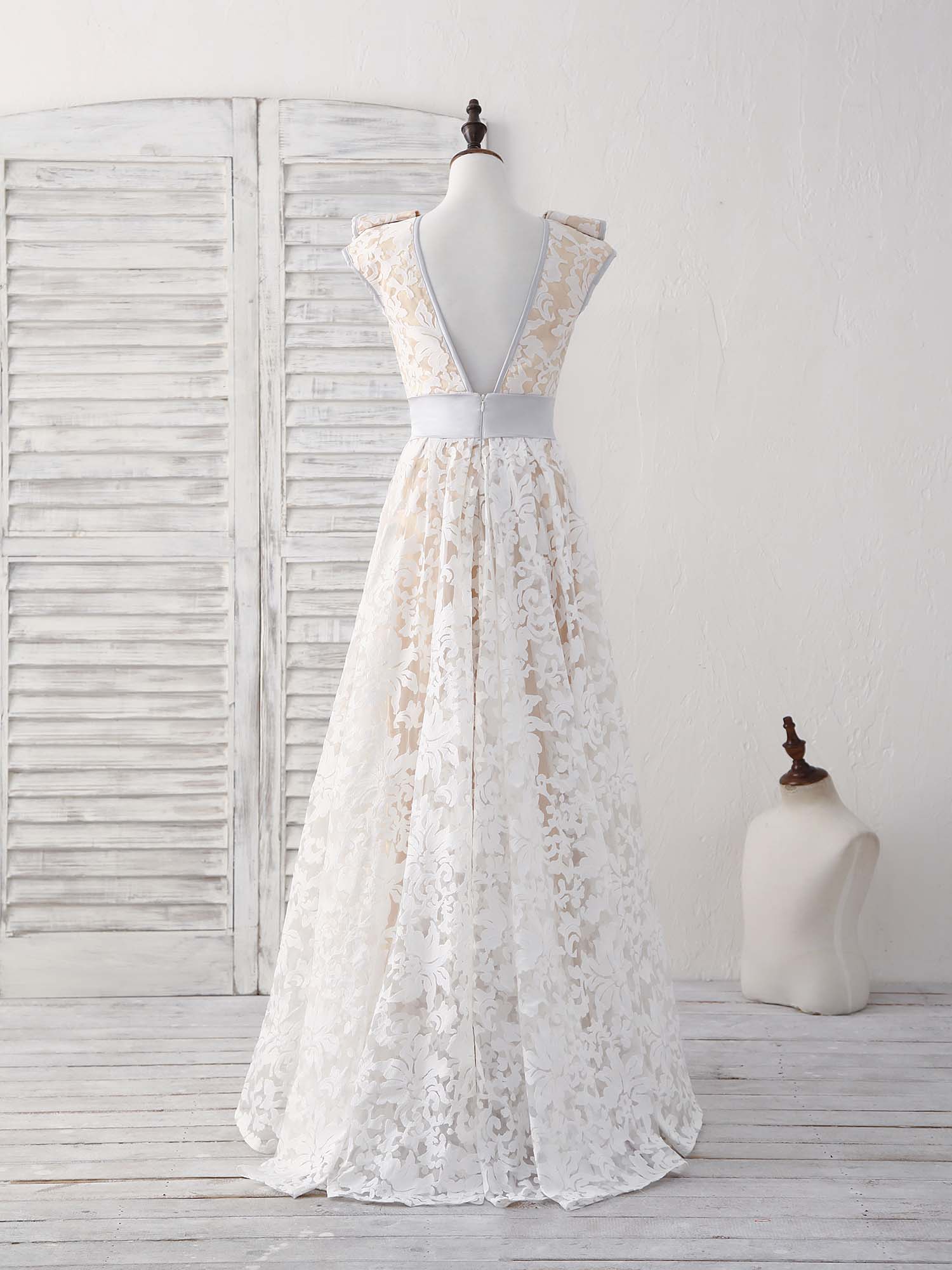 Bridesmaid Dresses White, White Round Neck Lace High Low Prom Dress White Bridesmaid Dress