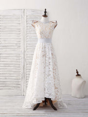 Bridesmaids Dresses Mismatched, White Round Neck Lace High Low Prom Dress White Bridesmaid Dress