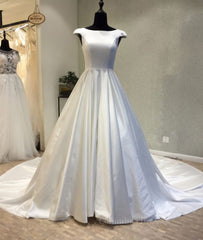Wedding Shoes Bride, White round neck satin long prom gown, evening dress