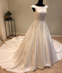 Pretty Prom Dress, White round neck satin long prom gown, evening dress