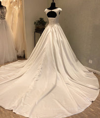 Fall Wedding Ideas, White round neck satin long prom gown, evening dress