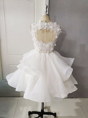 Bow Dress, White Round Neck Tulle Lace Short Prom Dress, Puffy White Lace Homecoming Dress