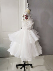 Semi Formal, White Round Neck Tulle Lace Short Prom Dress, Puffy White Lace Homecoming Dress