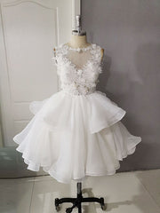 Flowy Dress, White Round Neck Tulle Lace Short Prom Dress, Puffy White Lace Homecoming Dress