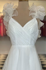 Evening Dress Black, White Ruffled Straps V-Neck Pleated Long Prom Dress
