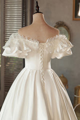 Wedding Dresses Trending, White Satin Lace Off Shoulder Prom Dress, White Evening Dress, Wedding Dress