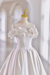 Weddings Dresses Online, White Satin Long A-Line Ball Gown, Off the Shoulder Wedding Gown
