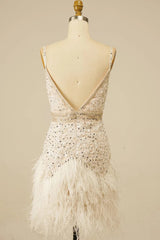 White Sequins Tight Short Homecoming Dress with Feathers