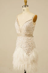 White Sequins Tight Short Homecoming Dress with Feathers