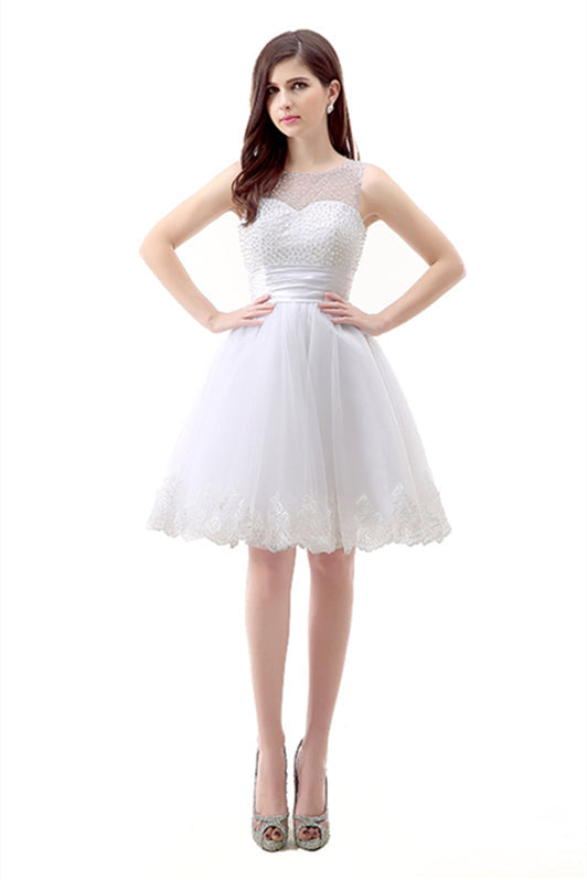 Party Dress Meaning, White Short Tulle Lace Knee Length Pearls Homecoming Dresses