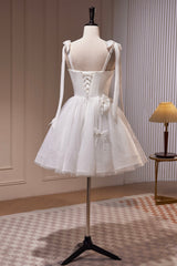 Prom Dresses Laces, White Spaghetti Strap Short Prom Dress, White Tulle Party Dress