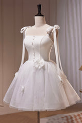 Prom Dressed Ball Gown, White Spaghetti Strap Short Prom Dress, White Tulle Party Dress