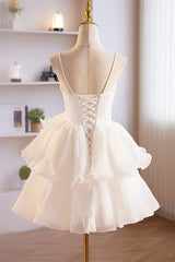 Prom Dress2025, White Spaghetti Strap Tulle Short Prom Dress, White A-Line Homecoming Dress