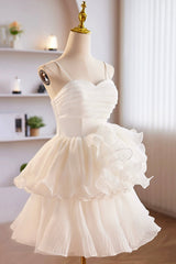 Prom Dressed 2025, White Spaghetti Strap Tulle Short Prom Dress, White A-Line Homecoming Dress