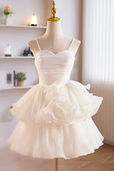 Prom Dresses Around Me, White Spaghetti Strap Tulle Short Prom Dress, White A-Line Homecoming Dress