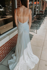 White Spaghetti Straps Backless Long Prom Dress With Beading