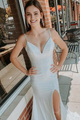 White Spaghetti Straps Backless Long Prom Dress With Beading