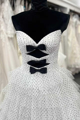 Long Gown, White Strapless Swiss Dot Layered Long Prom Dress
