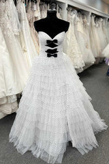 Ruffle Dress, White Strapless Swiss Dot Layered Long Prom Dress