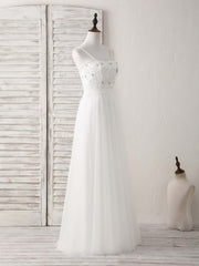 Bridesmaides Dress Ideas, White Sweetheart Neck Tulle Beads Long Prom Dress White Evening Dress