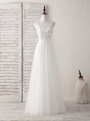 Bridesmaids Dresses Idea, White Sweetheart Neck Tulle Beads Long Prom Dress White Evening Dress