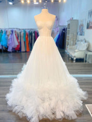 Formal Dress For Winter, White sweetheart neck tulle long prom dress white formal dress