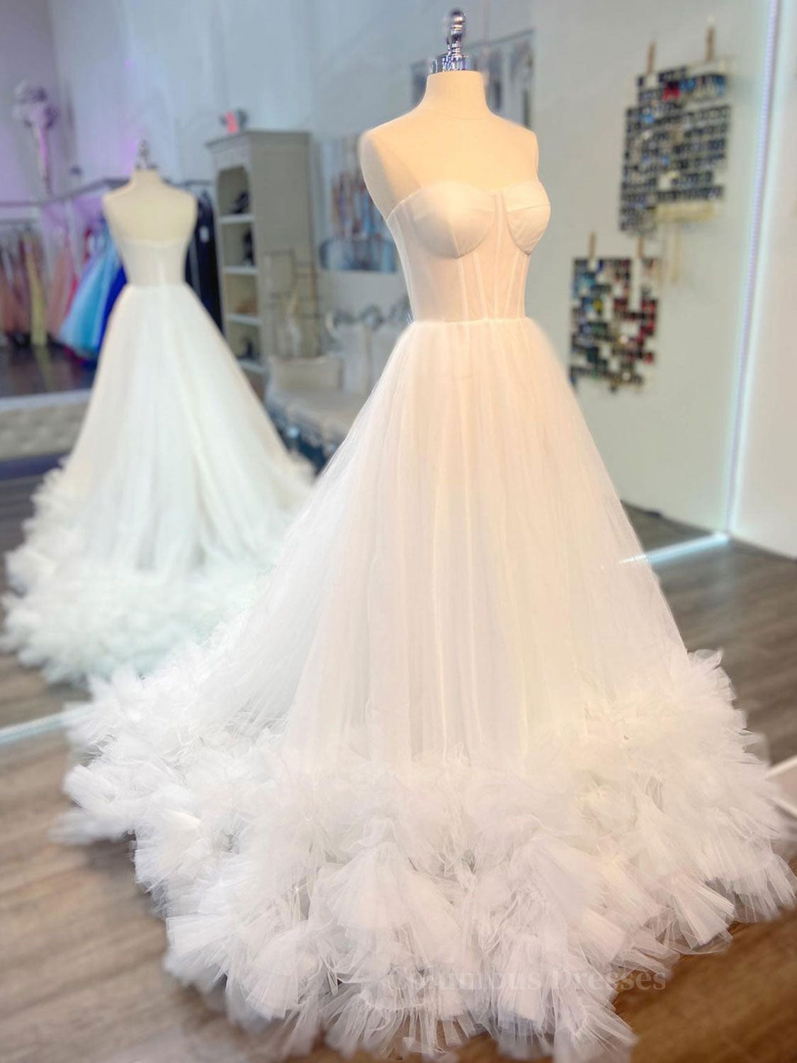 Formal Dresses For Winter, White sweetheart neck tulle long prom dress white formal dress