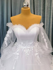 Party Dress On Sale, White sweetheart neck tulle long prom gown, white evening dress