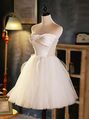 Prom Dress Navy, White Sweetheart Neck Tulle Short Prom Dress, Light Champagne Homecoming Dress