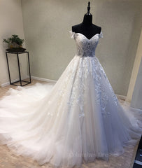 Wedding Dress Colored, White sweetheart tulle lace applique long prom dress, wedding dress