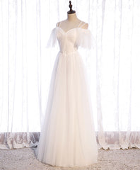 Formal Dresses Elegant Classy, White Sweetheart Tulle Long Prom Dress, White Bridesmaid Dress