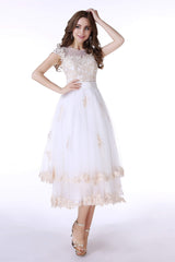 Wedding Dress A Line, White Tulle Champagne Lace Tea Length Sleeveless Wedding Dresses