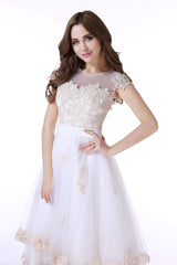 Wedding Dresses Long Sleeve, White Tulle Champagne Lace Tea Length Sleeveless Wedding Dresses