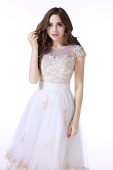 Wedding Dress Shopping, White Tulle Champagne Lace Tea Length Sleeveless Wedding Dresses