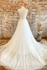 Prom Dresses Sleeve, White Tulle Lace Long Prom Dress, A-Line V-Neck Formal Evening Dress