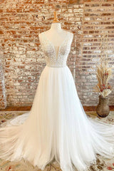Prom Dresses Sleeves, White Tulle Lace Long Prom Dress, A-Line V-Neck Formal Evening Dress