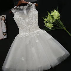 Prom Dresses Tulle, White Tulle Lace Round Neckline Knee Length Graduation Dresses, White Short Prom Dresses Party Dresses