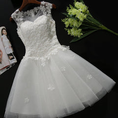 Prom Dress Blue, White Tulle Lace Round Neckline Knee Length Graduation Dresses, White Short Prom Dresses Party Dresses
