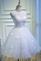Party Dress Spring, White Tulle Lace Short Prom Dress Pageant Dress, Cute Knee Length Party Dress