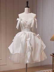 Evening Dresses V Neck, White Tulle Lace Short Prom Dress, White Short Formal Dress