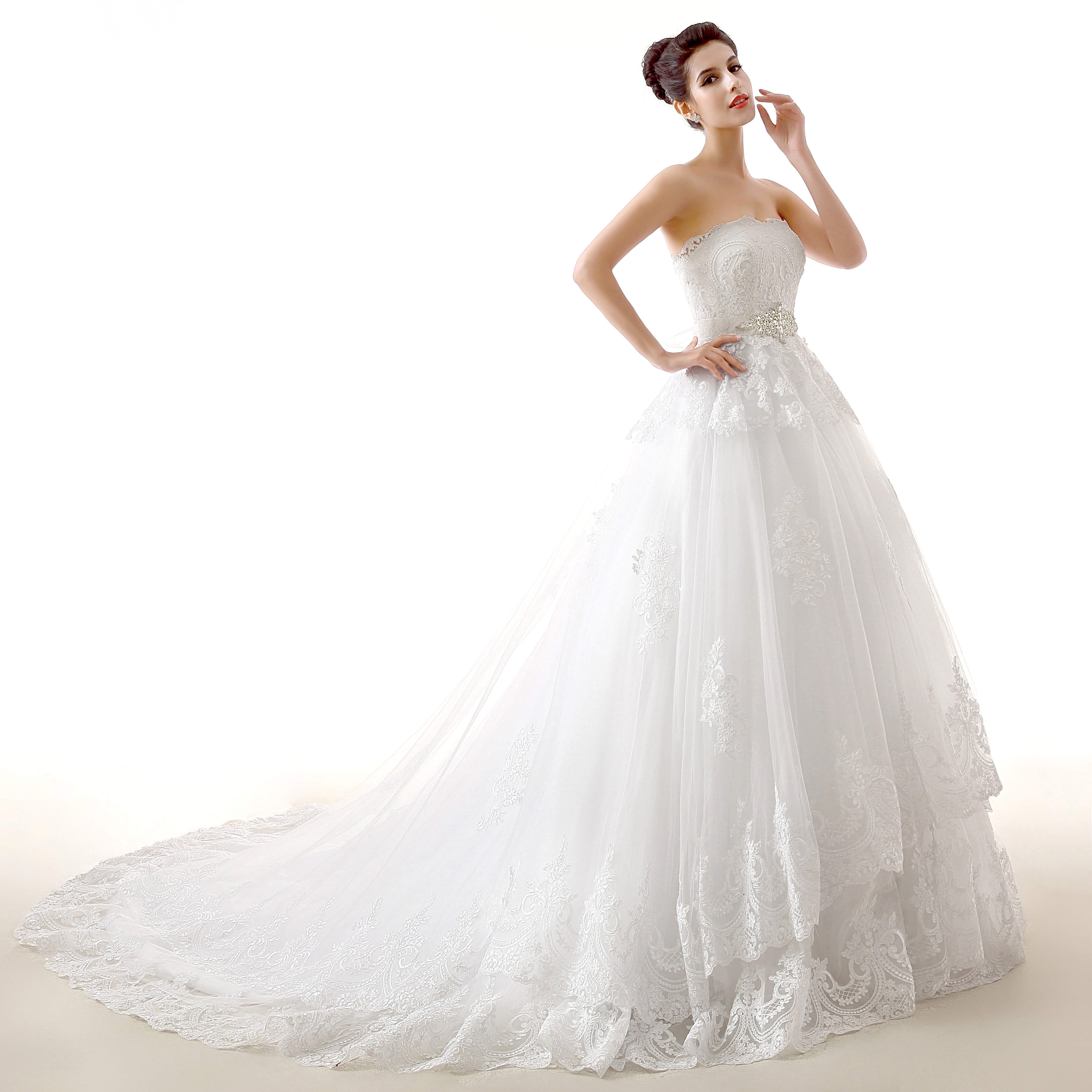 Wedding Dresses Romantic, White Tulle Lace Strapless With Sash Wedding Dresses